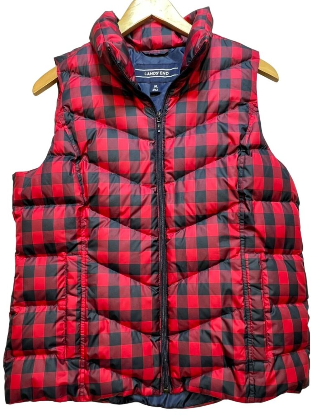 Lands' End Womens Down Puffer Vest Full Zip Size M 10-12 Red Black Buffalo Plaid